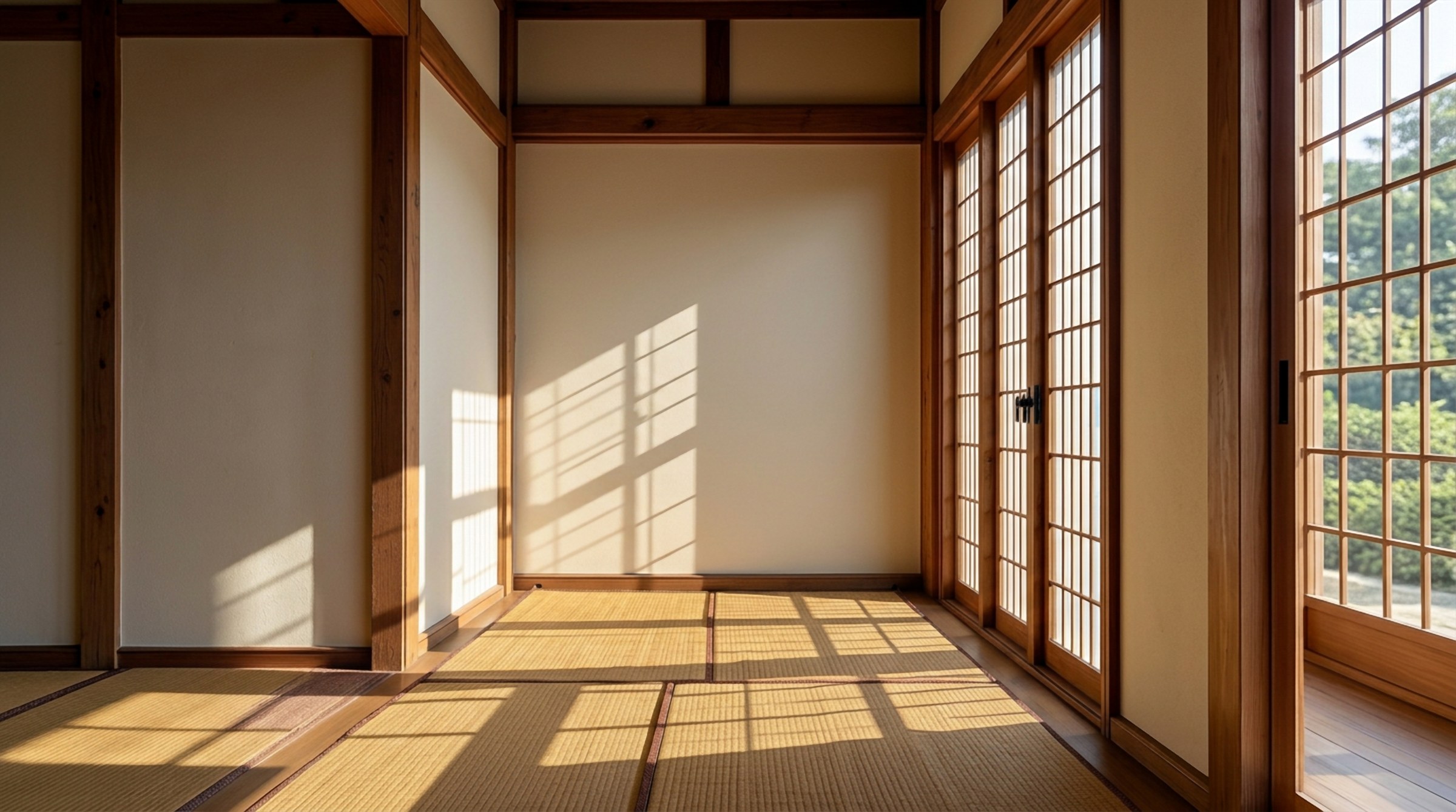 Stanza tradizionale giapponese con tatami e pareti shoji illuminate dal sole